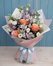 Букет цветов из:  Лизиантусы, Розы, Альстромерии и Гипсофила в Николаевке Еврейской автономная области