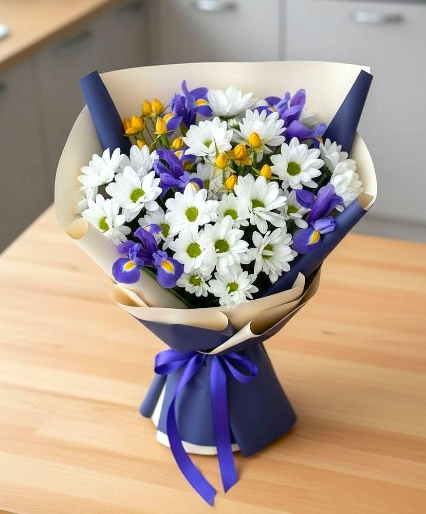 Букет цветов из: Розы, Ирисы и Хризантемы в Николаевке Еврейской автономная области