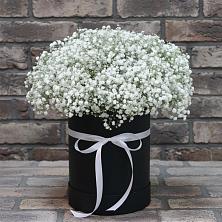 Цветочная композиция из Гипсофила в шляпной коробке в Николаевке Еврейской автономная области